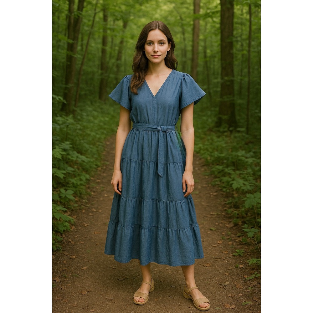 NEW Given Kale Medium Blue Denim Dress Tiered Ruffle Midi Modest Flutter‎ Sleeve